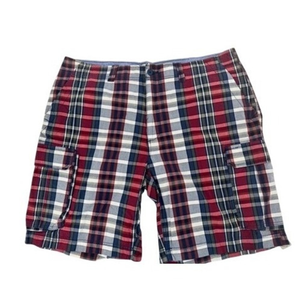 St. John's Bay Cargo Shorts‎ Mens 42 Red Navy White Plaid Cotton Utility Summer
